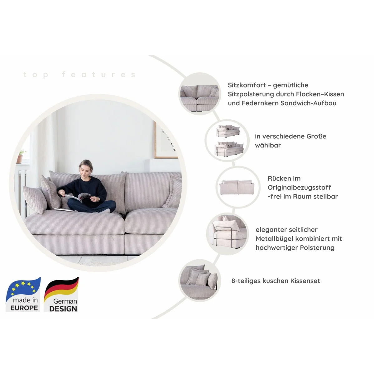 Casa XXL Mega-Sofa, 247 cm Breite, mit 4 Zierkissen, Cord oder Chenille-Struktur 3