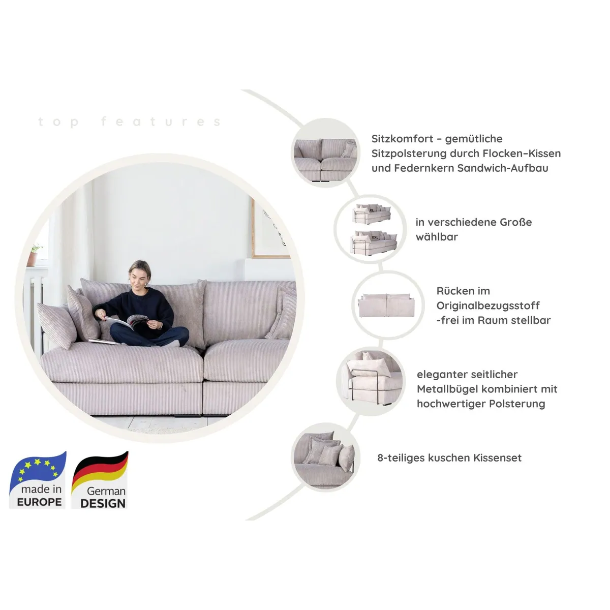 Home affaire Big-Sofa Casa XL, großzügige Breite von 190 cm, inklusive 4 Zierkissen 3