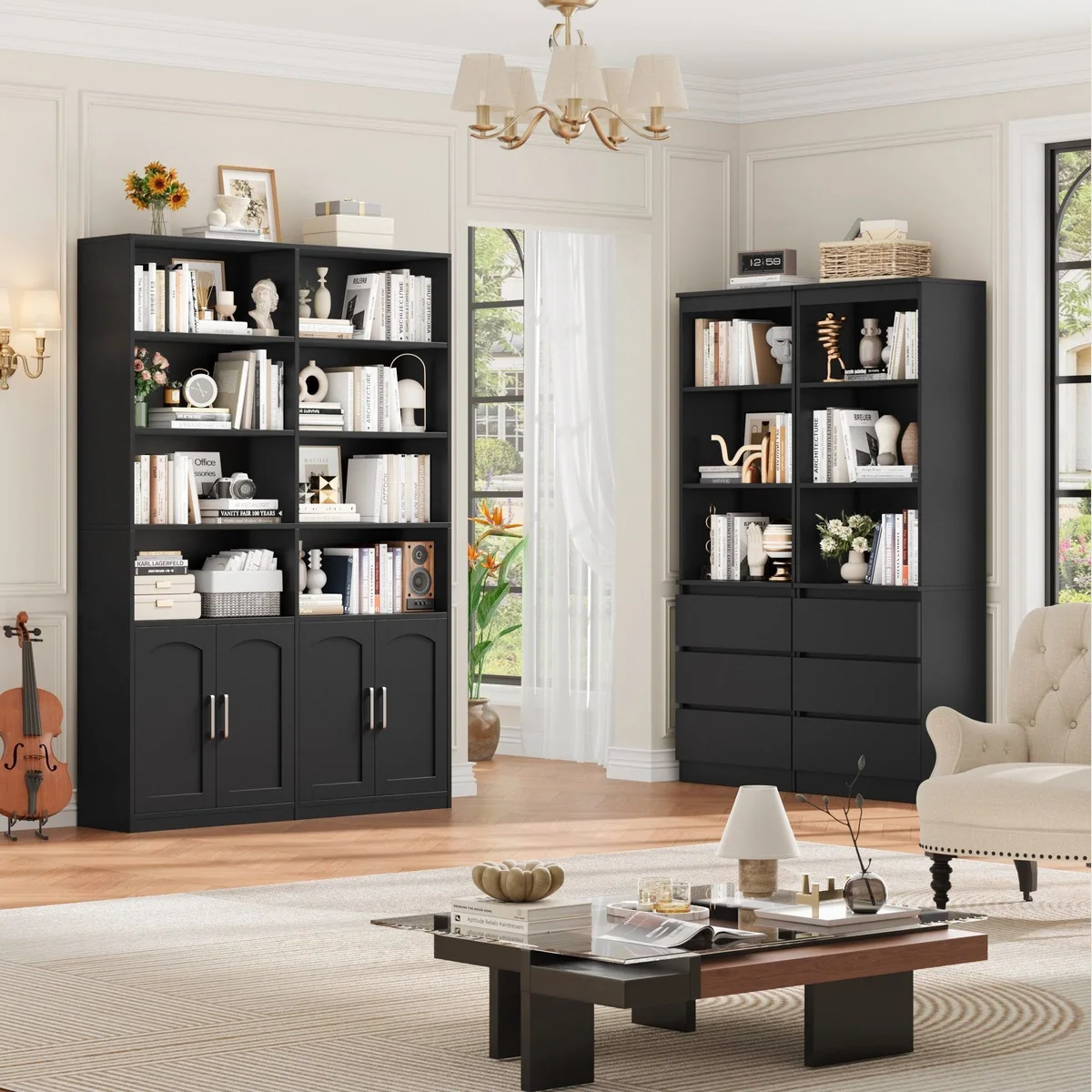 Homfa Bücherregal, 8 offene Fächer, 4 Türen, robustes Holz — 115x27x185,5 cm 2
