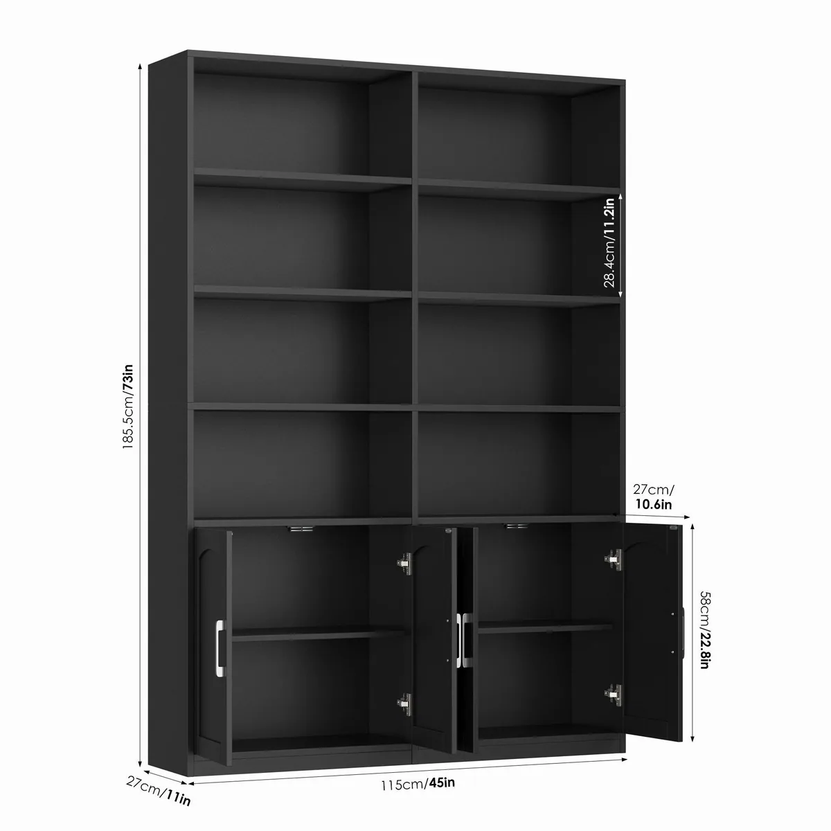 Homfa Bücherregal, 8 offene Fächer, 4 Türen, robustes Holz — 115x27x185,5 cm 3