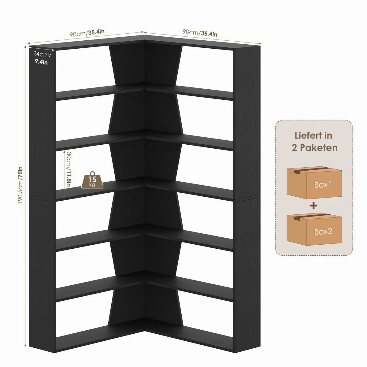 Homfa Bücherregal Eckregal, 6 Ebenen aus Holz, 90x90x190,5 cm 2