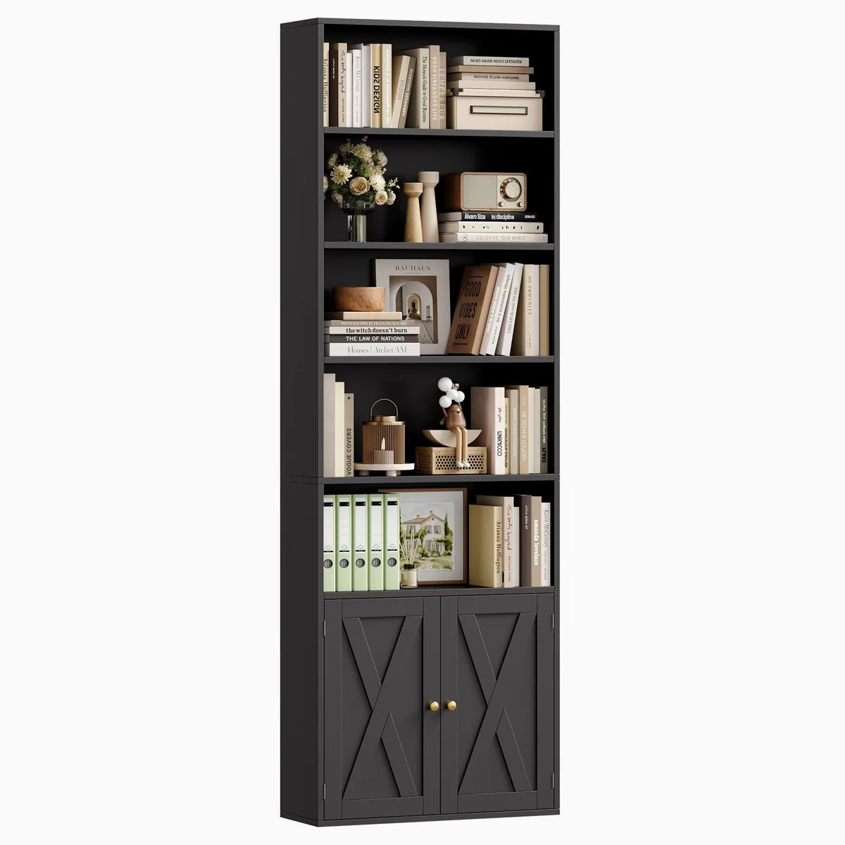 Homfa Bücherregal, 5 offene Fächer, 2 Türen, verstellbar, 60x23,5x209cm