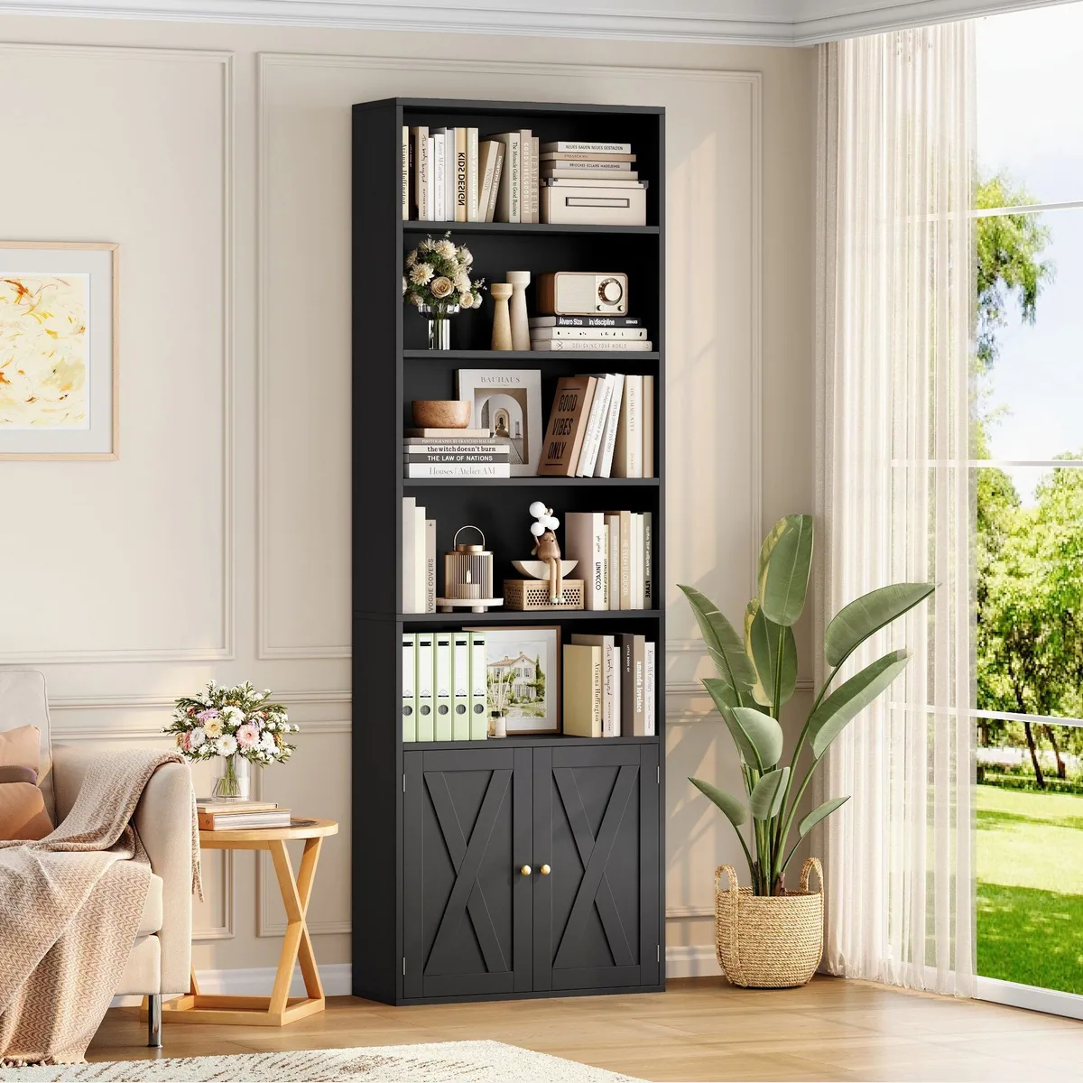 Homfa Bücherregal, 5 offene Fächer, 2 Türen, verstellbar, 60x23,5x209cm 2