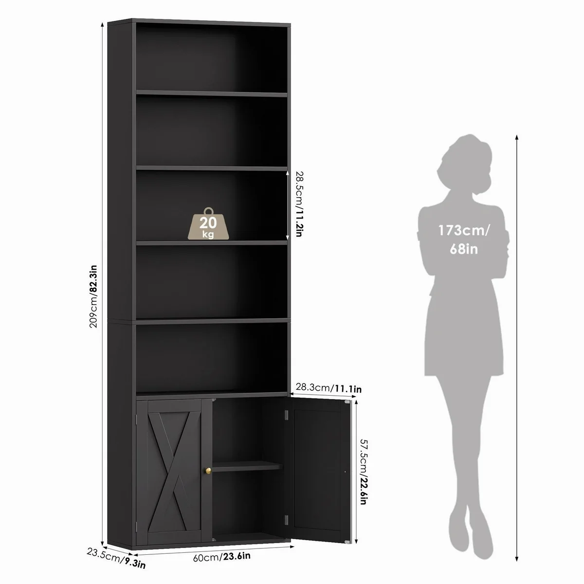 Homfa Bücherregal, 5 offene Fächer, 2 Türen, verstellbar, 60x23,5x209cm 3