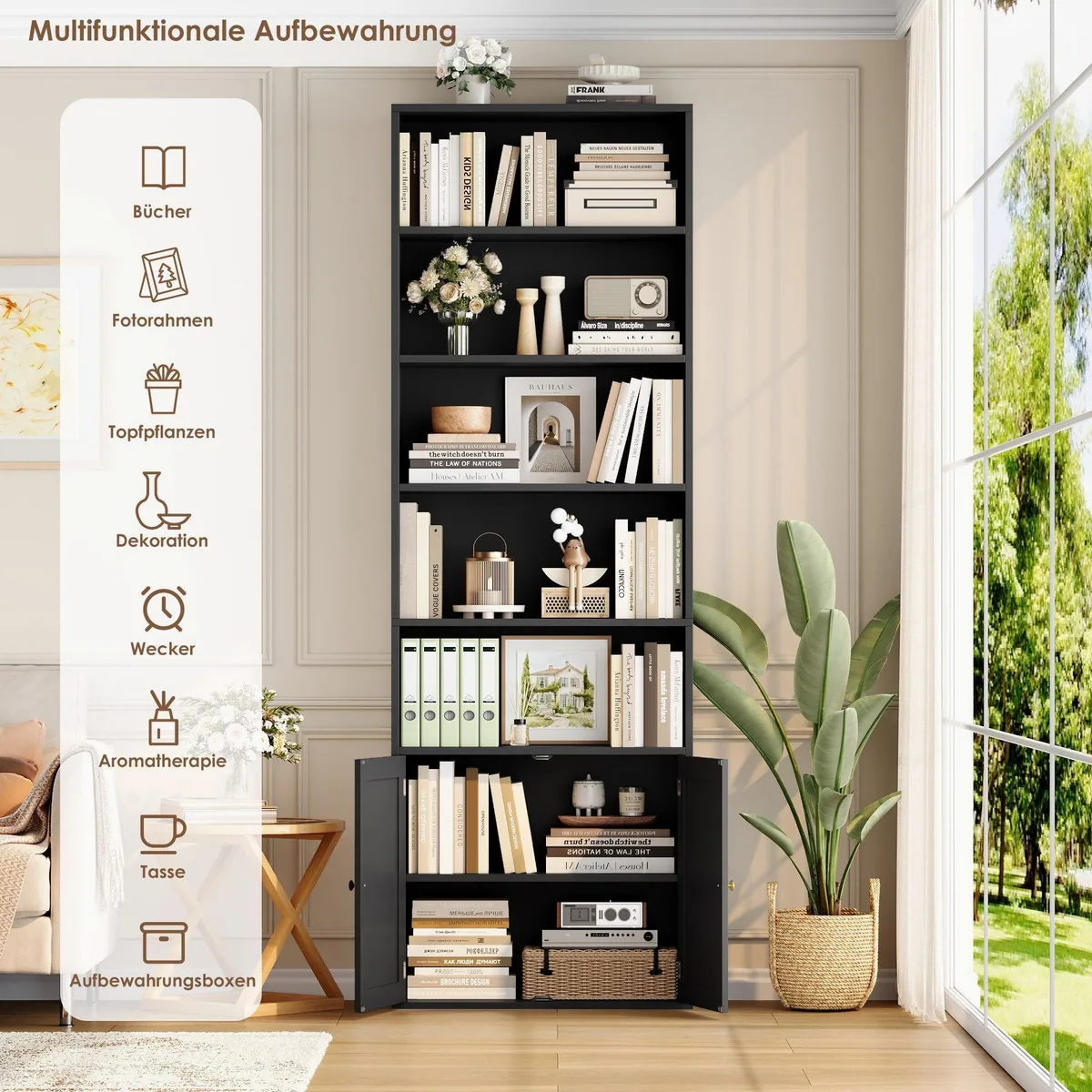 Homfa Bücherregal, 5 offene Fächer, 2 Türen, verstellbar, 60x23,5x209cm 5
