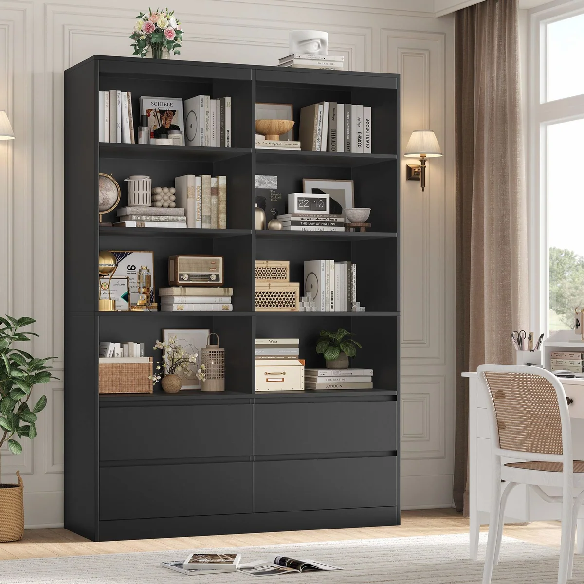 Homfa Bücherregal Hochschrank, 8 Fächer und 4 Schubladen — stilvoller Raumteiler für Ihr Zuhause 2