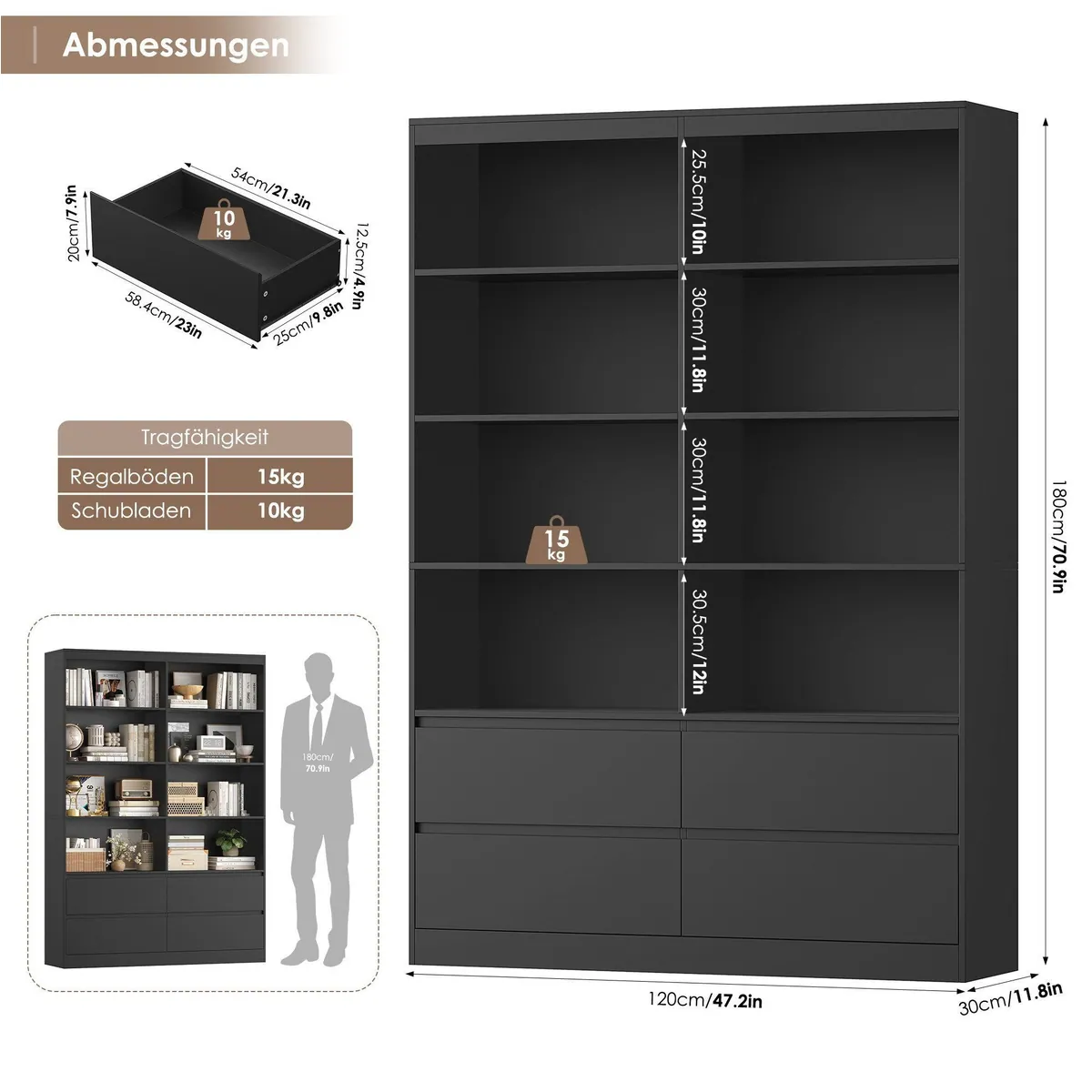 Homfa Bücherregal Hochschrank, 8 Fächer und 4 Schubladen — stilvoller Raumteiler für Ihr Zuhause 3