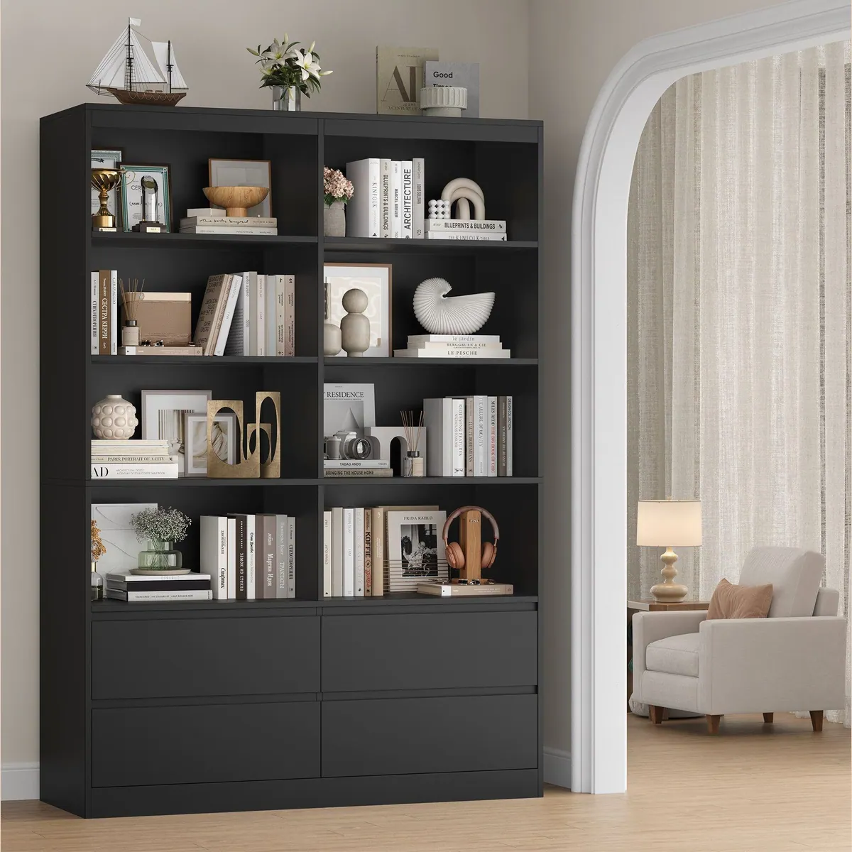 Homfa Bücherregal Hochschrank, 8 Fächer und 4 Schubladen — stilvoller Raumteiler für Ihr Zuhause 4