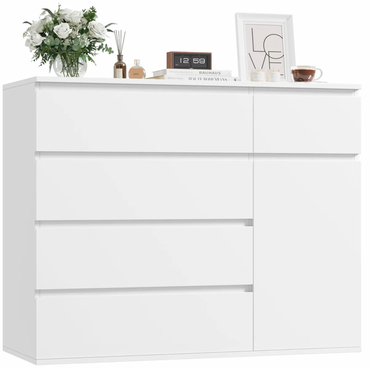 Homfa Kommode Weiß, 5 Schubladen & 1 Tür, vielseitig einsetzbar — ideal für jedes Zuhause