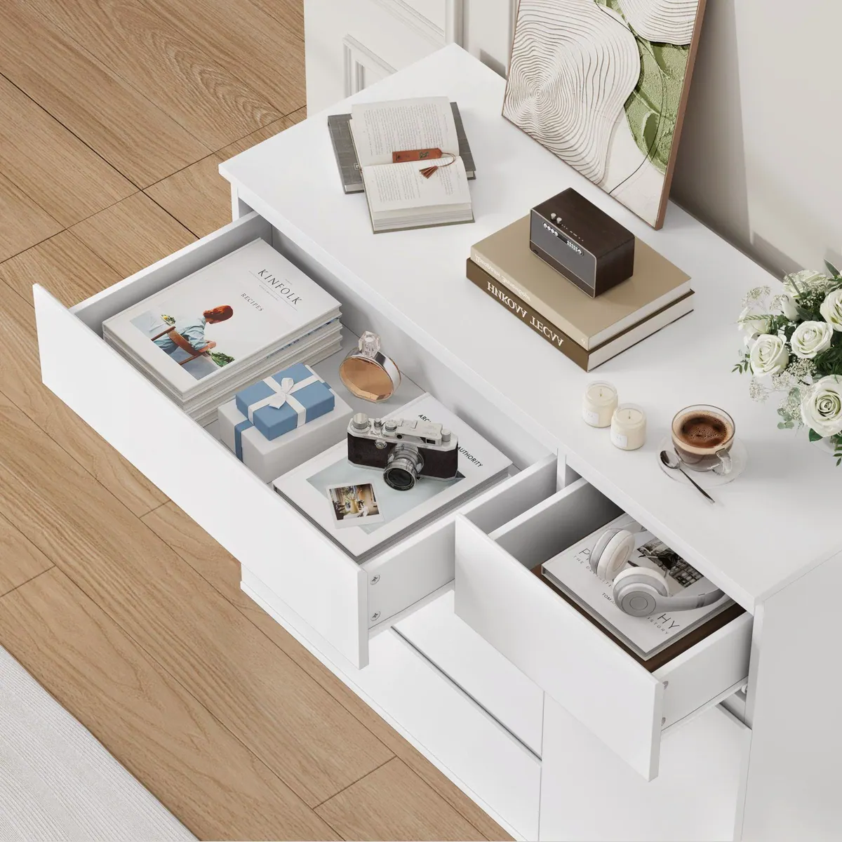 Homfa Kommode Weiß, 5 Schubladen & 1 Tür, vielseitig einsetzbar — ideal für jedes Zuhause 4