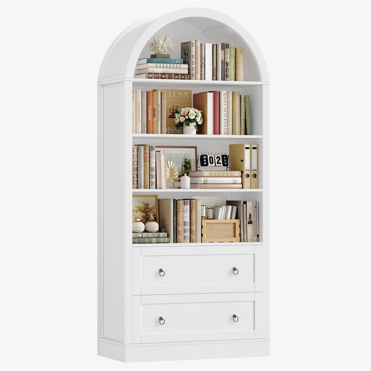 Homfa Bücherregal, geschwungene Bogenform, 8 offene Fächer & 2 Schubladen