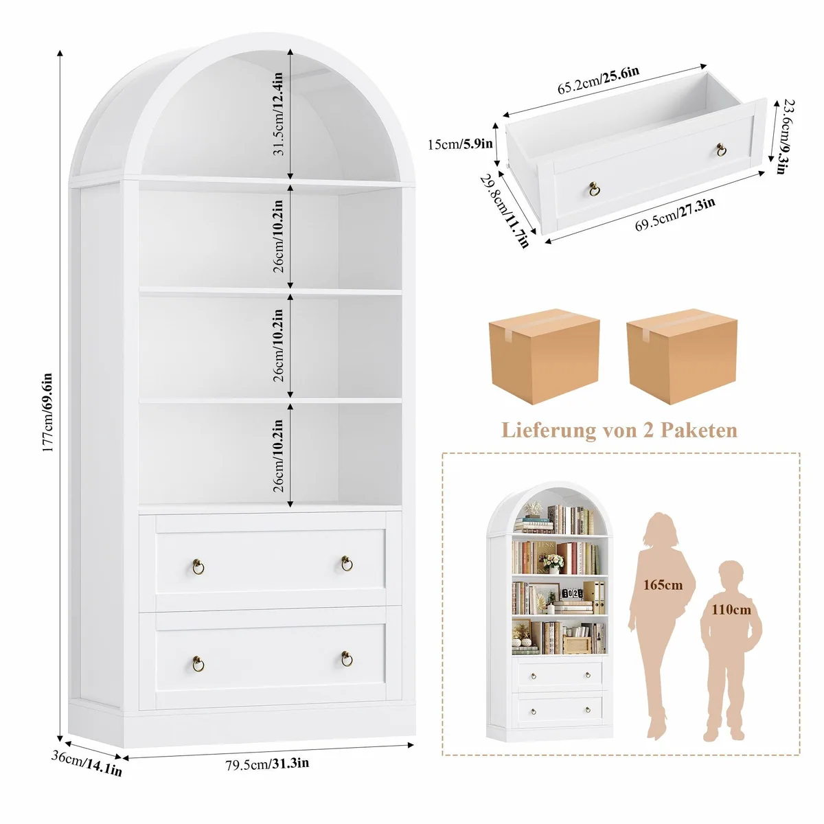 Homfa Bücherregal, geschwungene Bogenform, 8 offene Fächer & 2 Schubladen 3