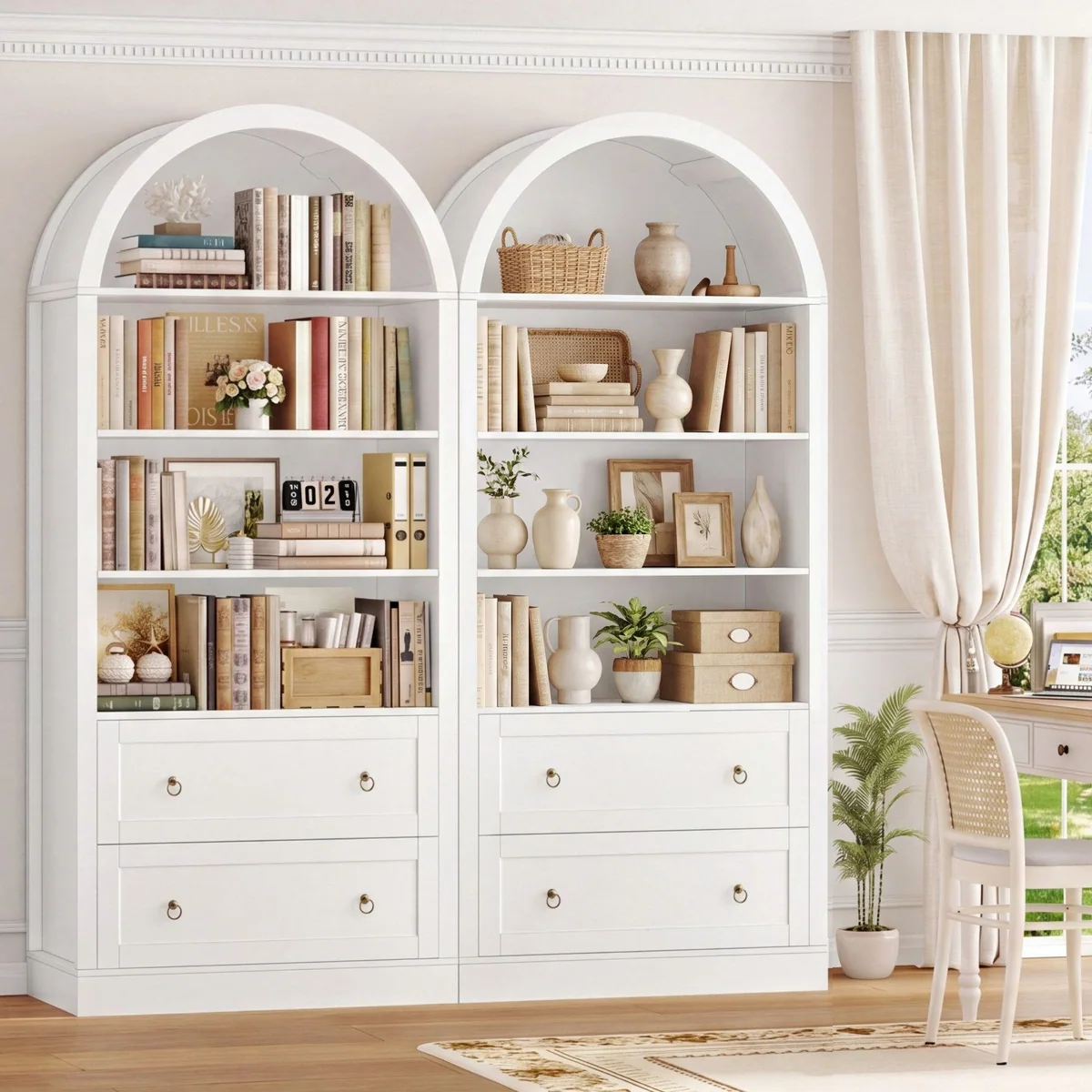 Homfa Bücherregal, geschwungene Bogenform, 8 offene Fächer & 2 Schubladen 4