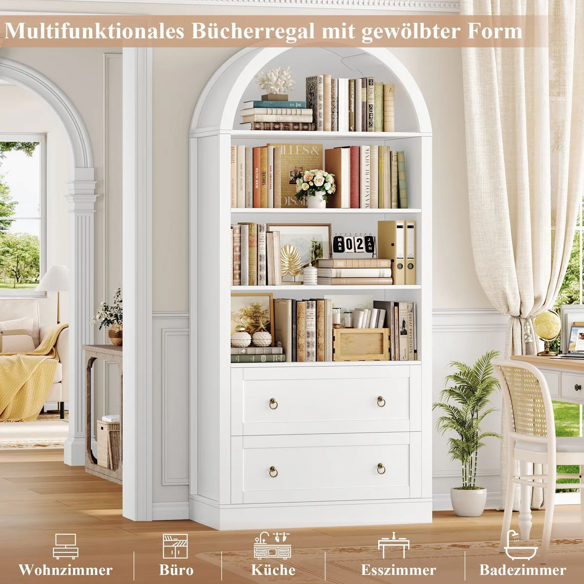 Homfa Bücherregal, geschwungene Bogenform, 8 offene Fächer & 2 Schubladen 5