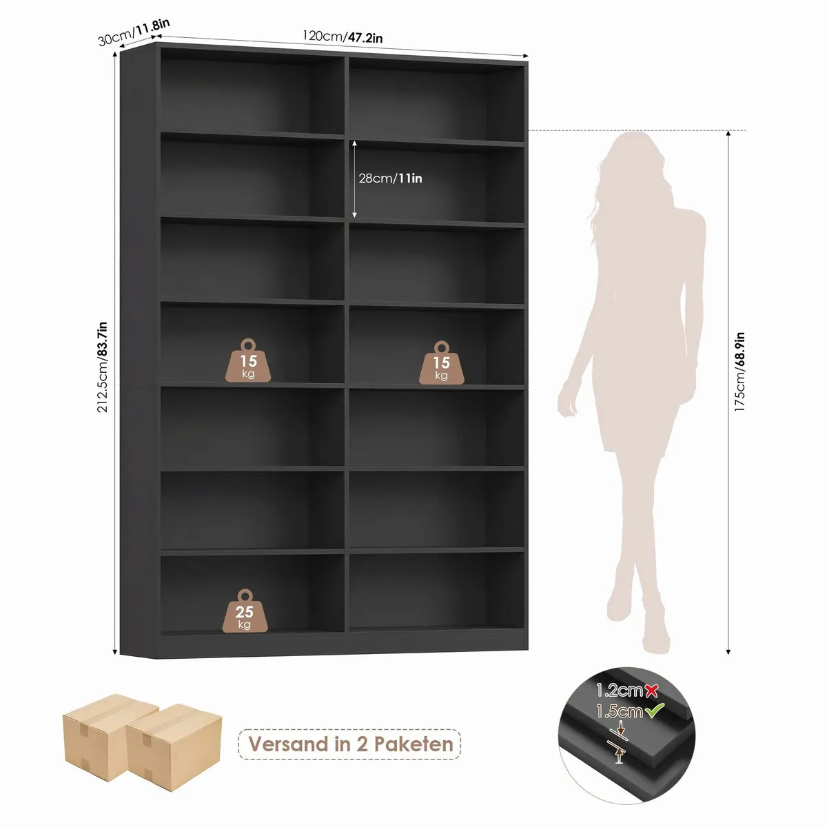 Homfa Bücherregal 212 cm hoch, 14 Fächer für vielseitige Nutzung 3