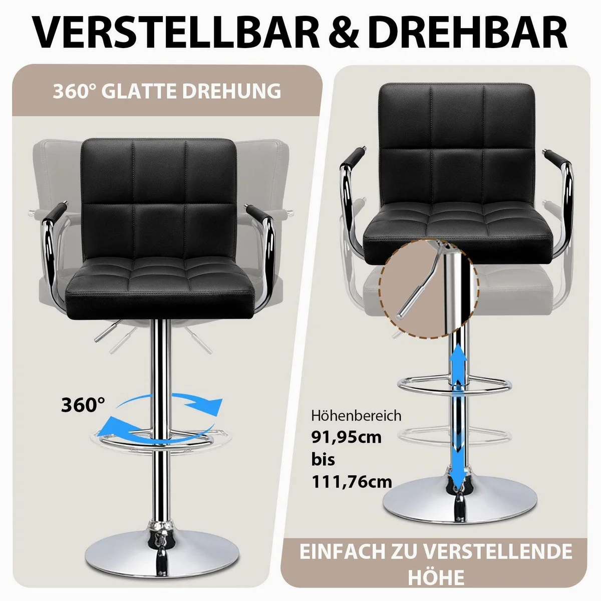 Huracan Barhocker 2er Set, Höhenverstellbar, Ergonomisch & Drehbar — für Küche, Bar und Büro 5