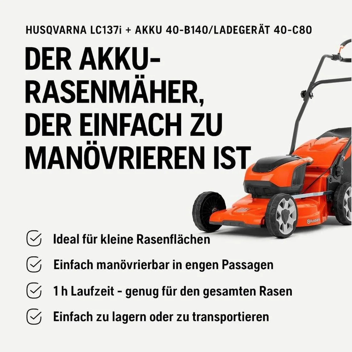 Husqvarna LC 137i Akku-Rasenmäher, leicht und kompakt, ideal für kleine Gärten bis 300 m² 4