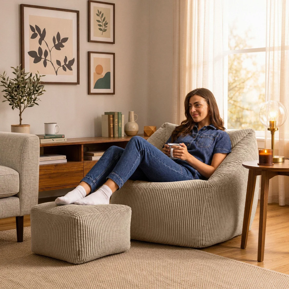 icon Natalia Sitzsack-Sessel mit Hocker, stützende Form, weicher Cordstoff — ideal für Wohnzimmer und Kinderzimmer 3
