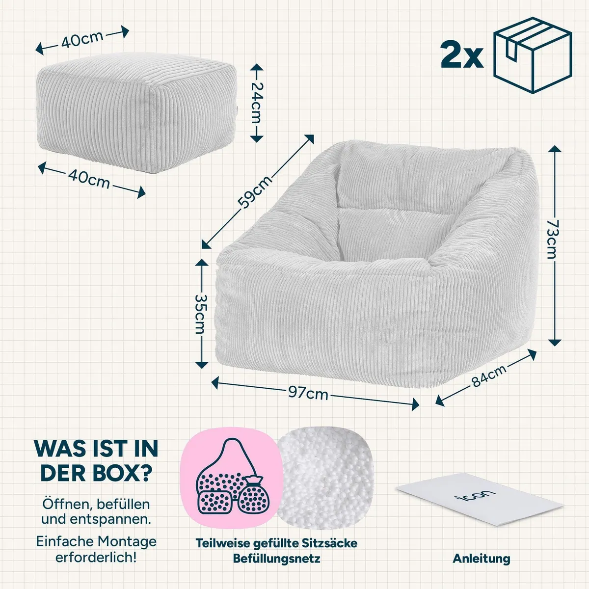 icon Natalia Sitzsack-Sessel mit Hocker, stützende Form, weicher Cordstoff — ideal für Wohnzimmer und Kinderzimmer 5