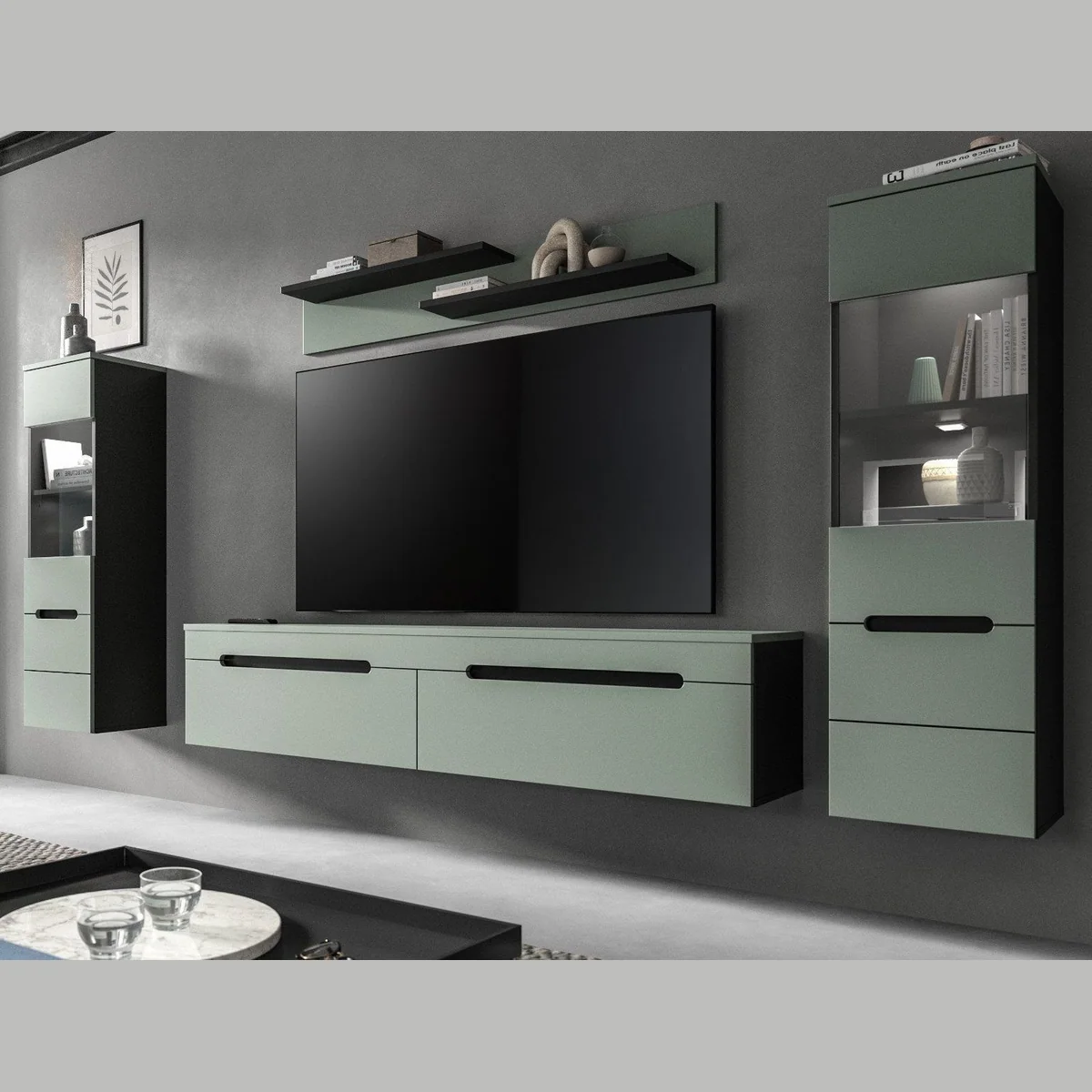 Inn.Furn Wohnwand Cooper, modernes Design in Salbei Grün und Basalt Grau — 4-teilig, hängend oder stehend