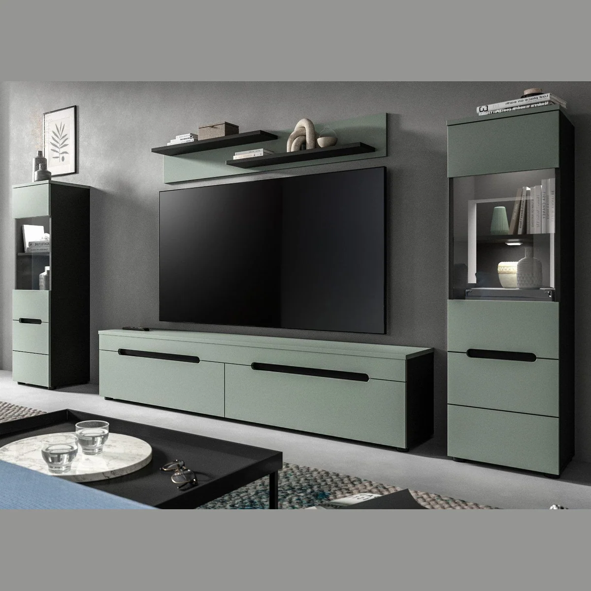 Inn.Furn Wohnwand Cooper, modernes Design in Salbei Grün und Basalt Grau — 4-teilig, hängend oder stehend 2