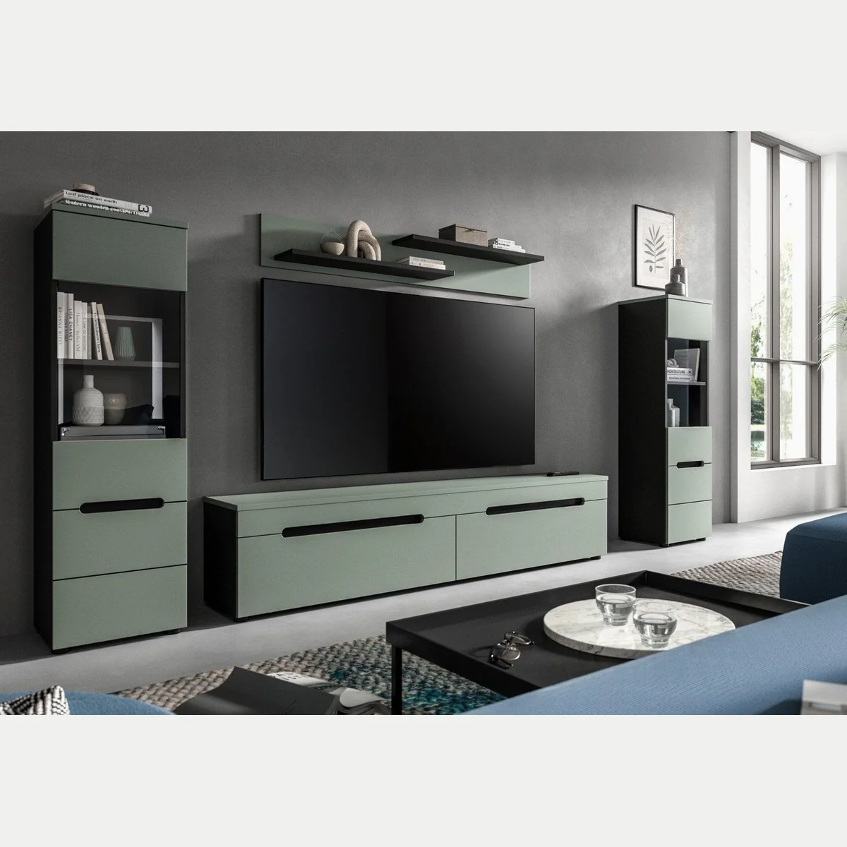 Inn.Furn Wohnwand Cooper, modernes Design in Salbei Grün und Basalt Grau — 4-teilig, hängend oder stehend 3