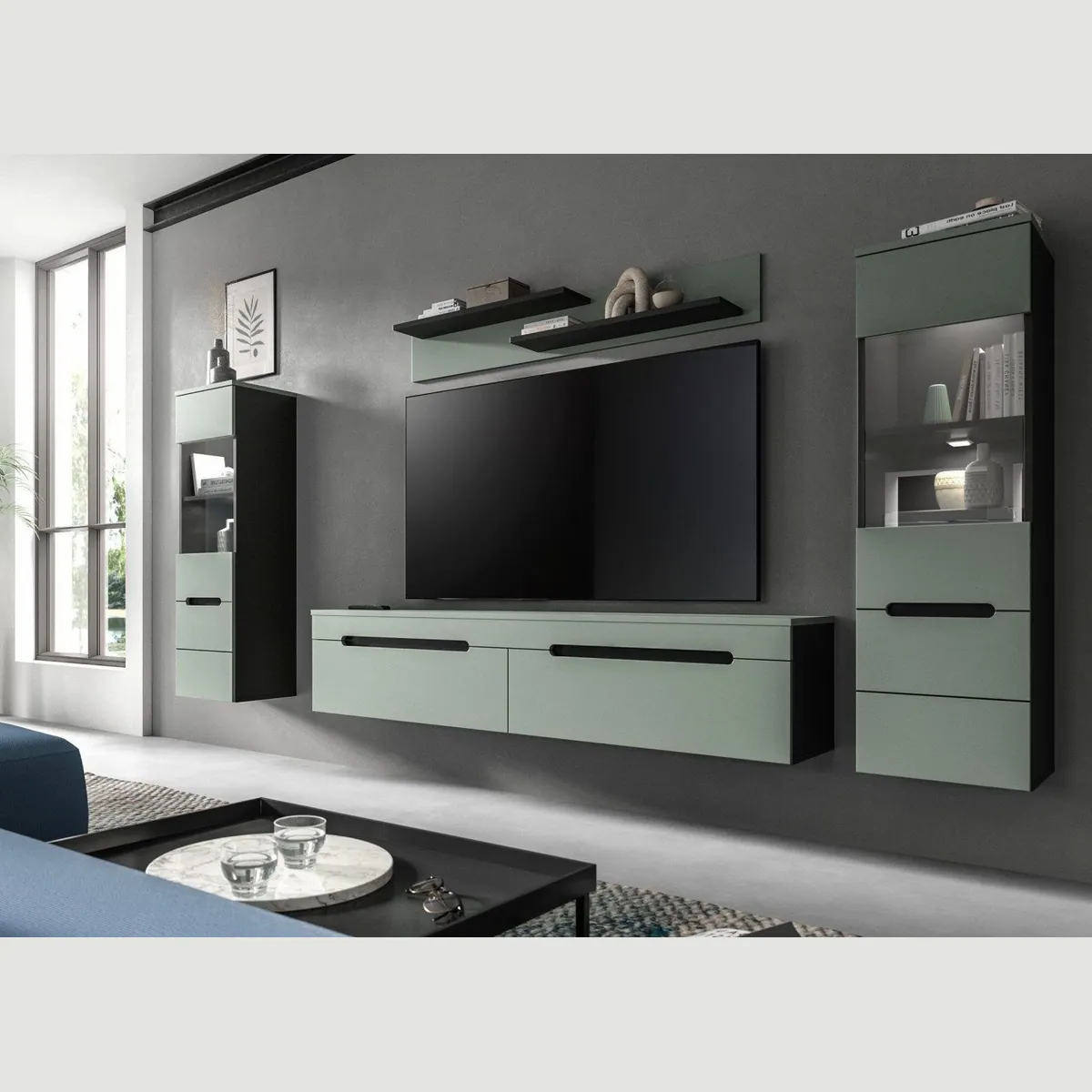 Inn.Furn Wohnwand Cooper, modernes Design in Salbei Grün und Basalt Grau — 4-teilig, hängend oder stehend 4