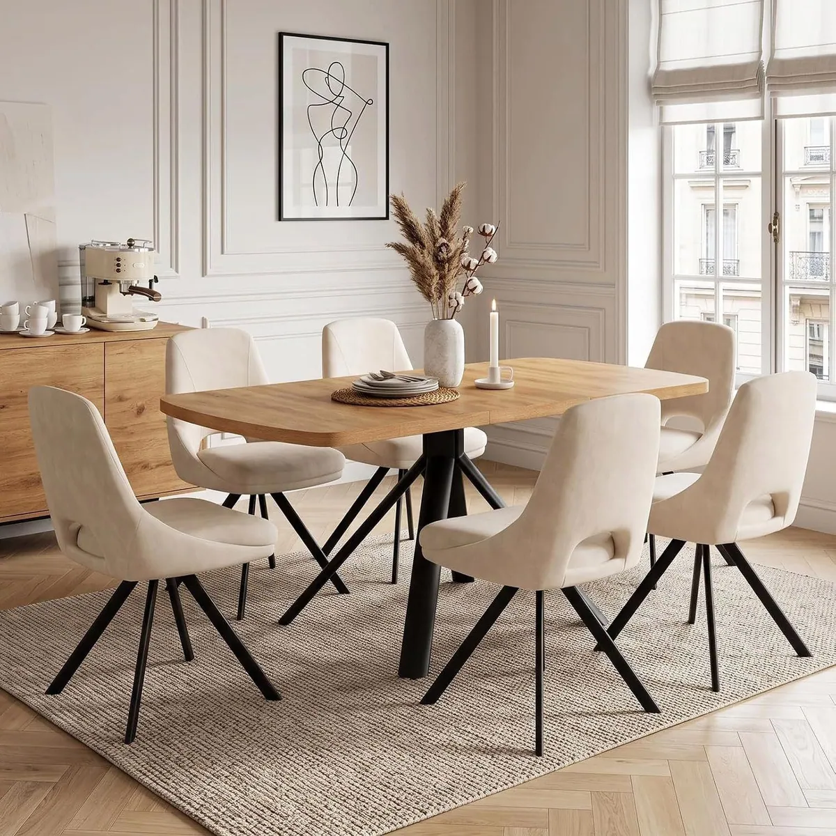 Jiexi Essgruppe Ausziehbar, Holzoptik, 6 Begie Stühle — stilvolles Design, funktional, ideal für Ihr Zuhause
