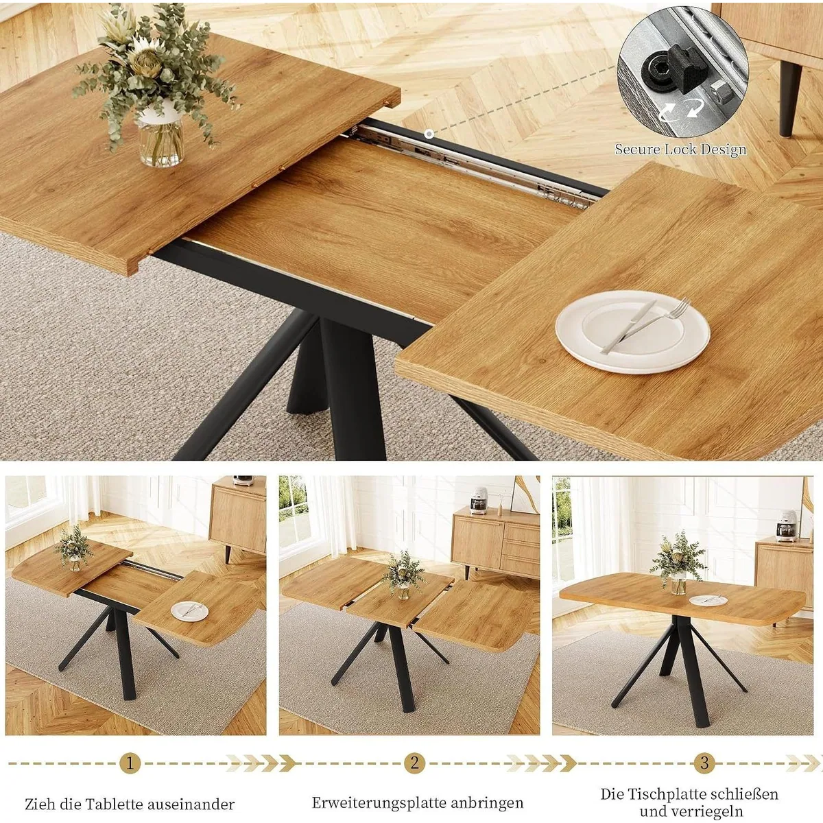 Jiexi Essgruppe Ausziehbar, Holzoptik, 6 Begie Stühle — stilvolles Design, funktional, ideal für Ihr Zuhause 4
