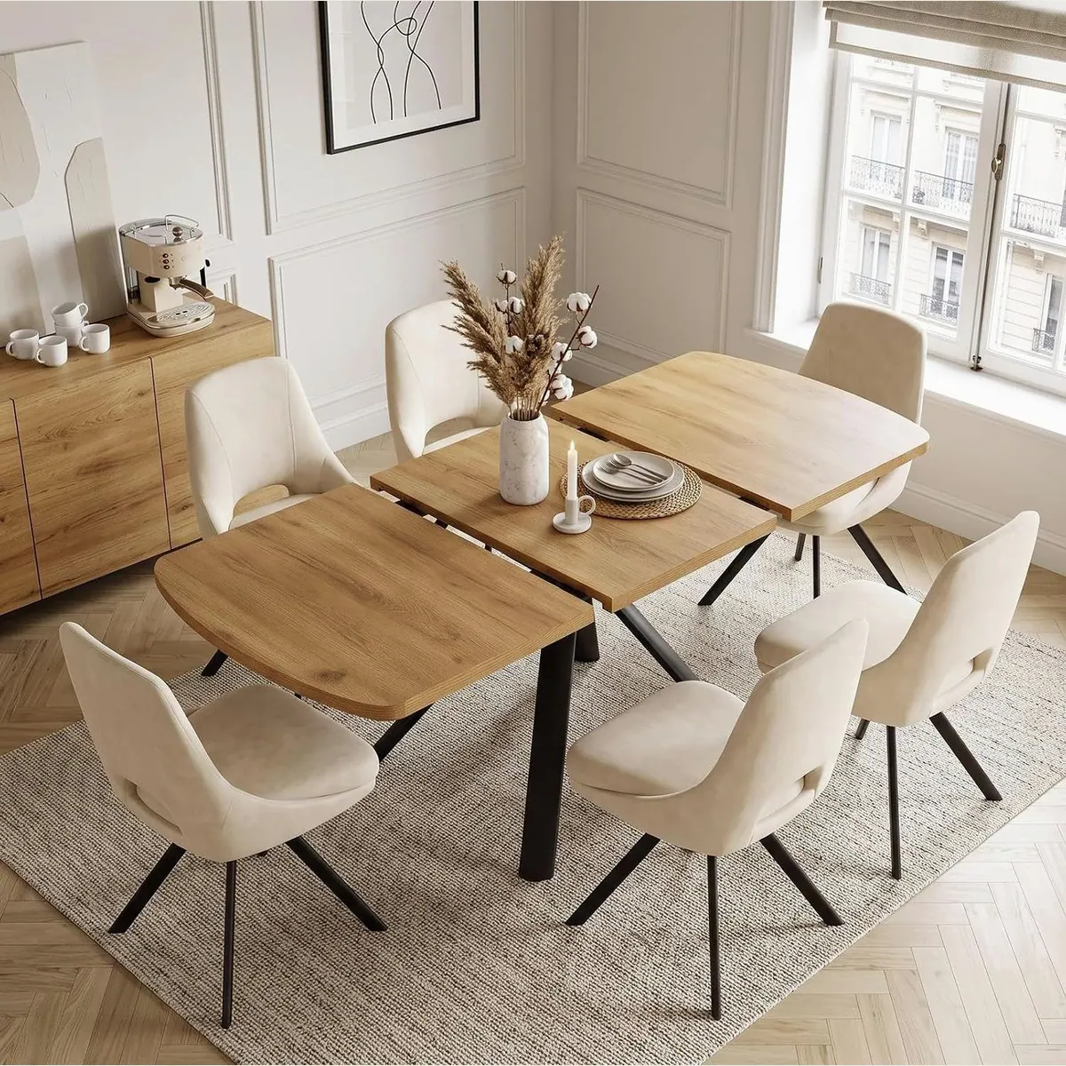 Jiexi Essgruppe Ausziehbar, Holzoptik, 6 Begie Stühle — stilvolles Design, funktional, ideal für Ihr Zuhause 5