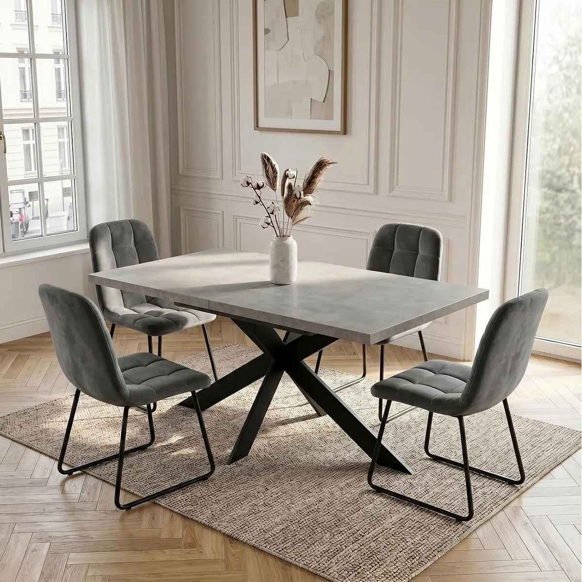 Jiexi Essgruppe Ausziehbar, stilvoller MDF-Tisch & 4 Samtstühle