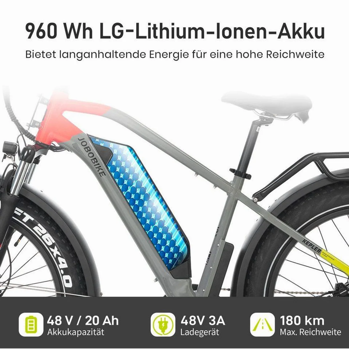 JOBOBIKE Kepler E-Bike Mountainbike 26 Zoll, 180 km Reichweite, 7-Gang Shimano 5