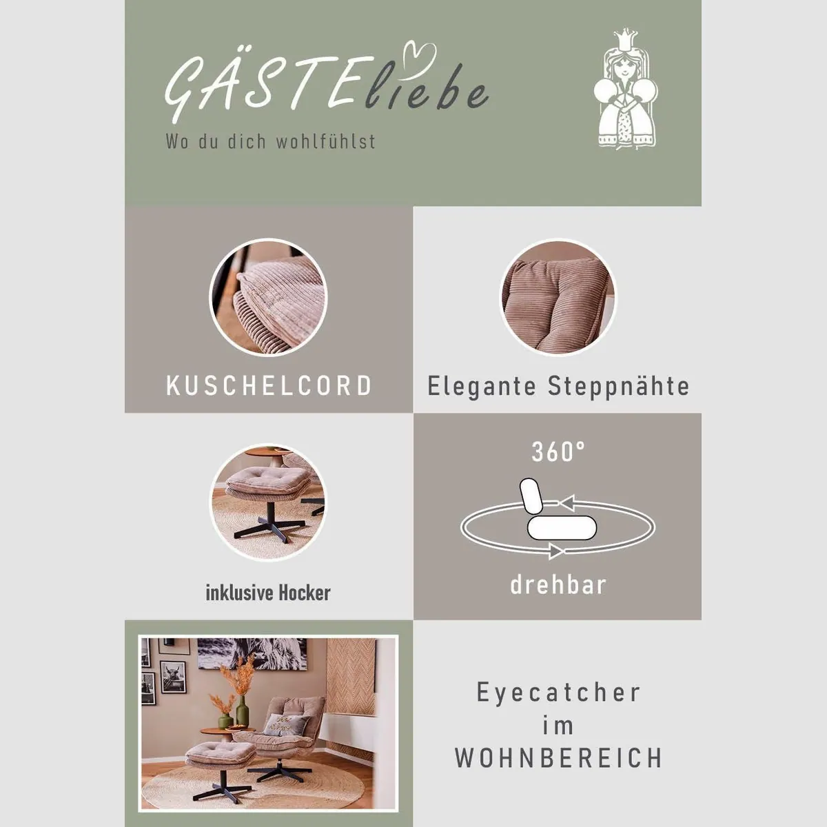 Jockenhöfer Gruppe Relaxsessel Kasper, 360° Drehfunktion, mit Hocker, Cord 4