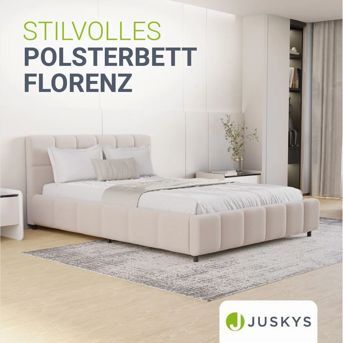 Juskys Polsterbett Florenz, modernes Design, bis 500 kg belastbar, pflegeleichter Bouclé-Bezug 2