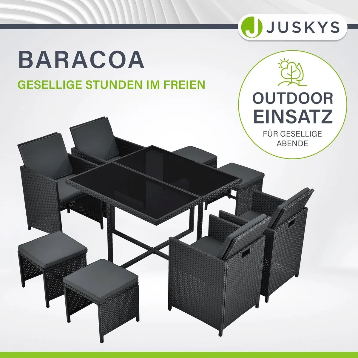 Juskys Garten-Essgruppe Baracoa, 9-teilig, wetterfestes Polyrattan, platzsparend 2