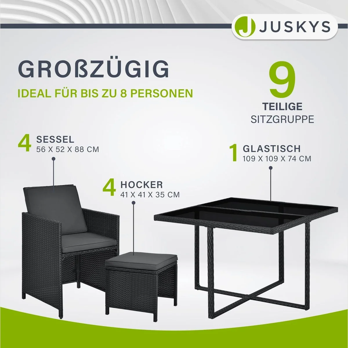 Juskys Garten-Essgruppe Baracoa, 9-teilig, wetterfestes Polyrattan, platzsparend 3