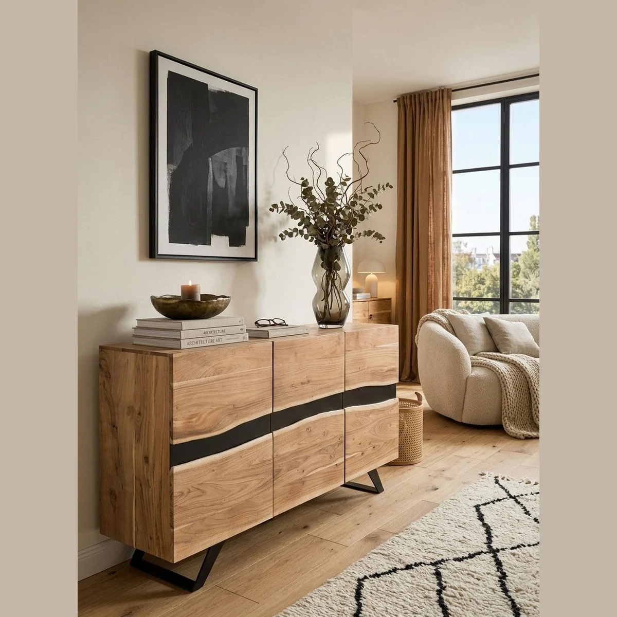KADIMA DESIGN Sideboard, Massivholz Akazie, 3 Türen, Handarbeit 3