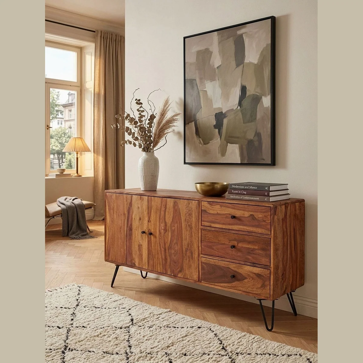KADIMA DESIGN Kommode Sideboard, massives Holz, Landhaus-Stil — 3 Schubladen, 2 Türen, handgefertigt 3