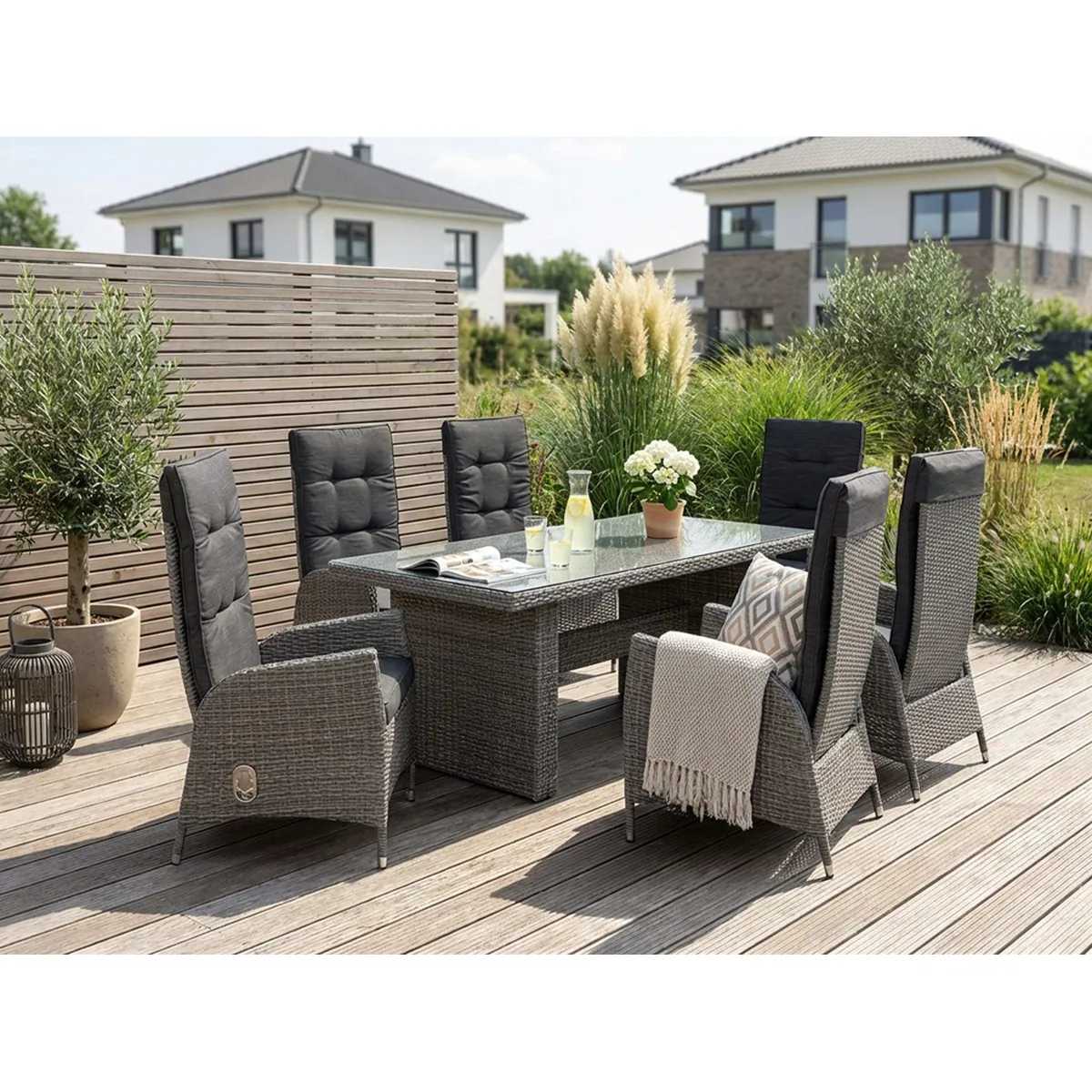 KONIFERA Garten-Essgruppe Brisbane, 13-teilig, verstellbare Rückenlehnen, Tisch mit Stone-Spray-Glas