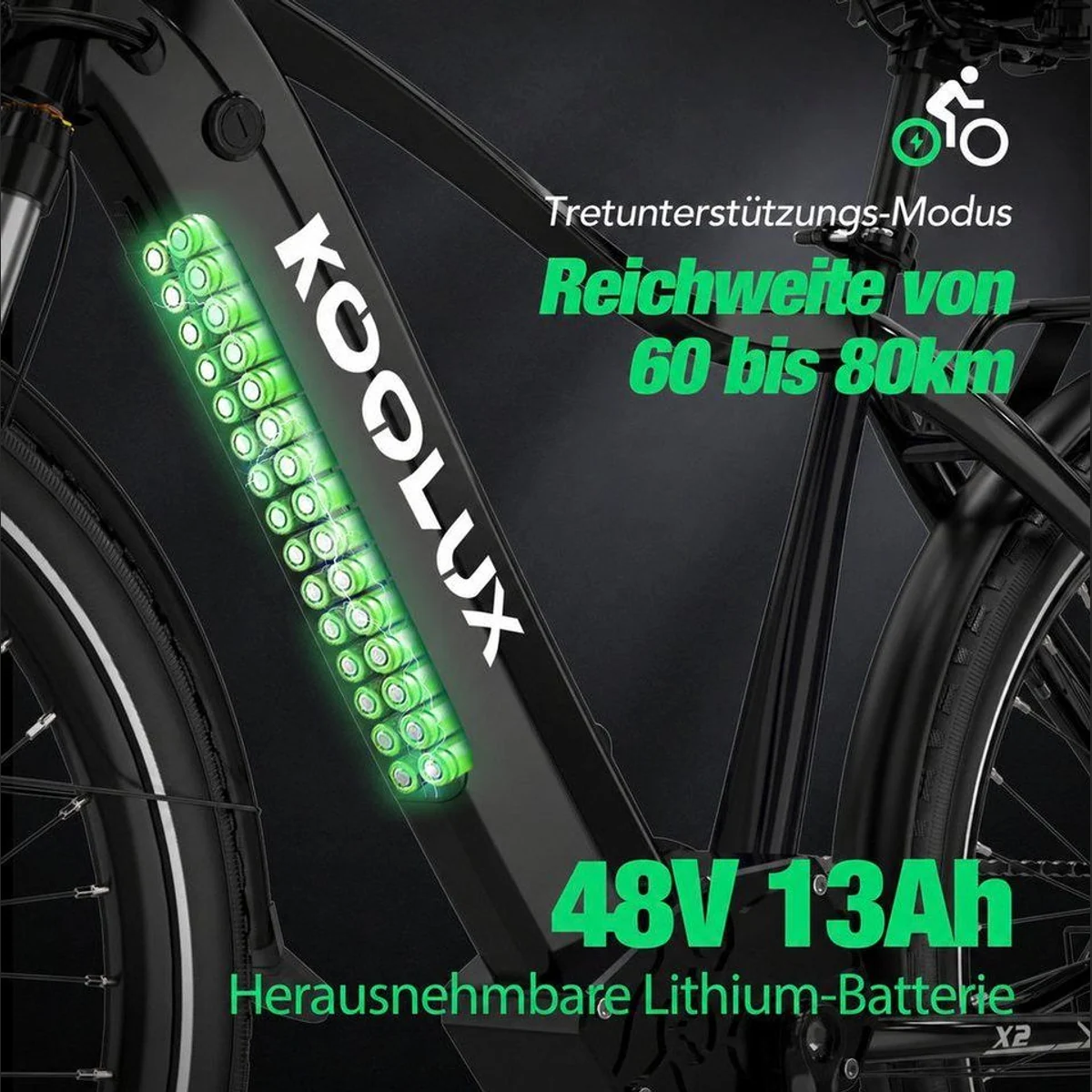 KOOLUX E-Bike 26 Zoll, leichtes Aluminium, 7-Gang Shimano, herausnehmbare Batterie 2