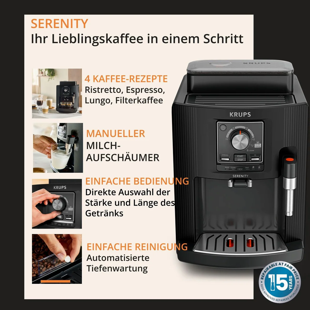 Krups EA4008 Serenity Kaffeevollautomat, 4 Getränke, Dampfdüse, automatische Reinigung 4