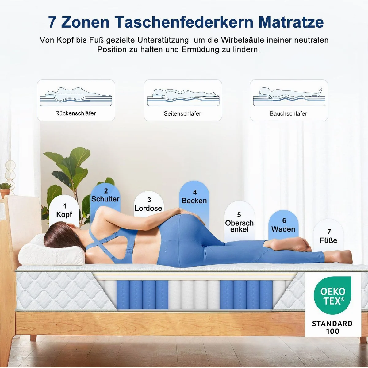 Lexzurn Taschenfederkernmatratze, 7 Zonen, atmungsaktiv, orthopädisch, 90x200 cm 2