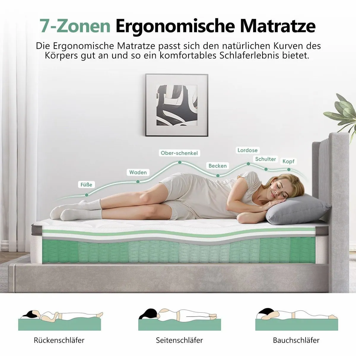 Lexzurn 7-Zonen Taschenfederkernmatratze, ergonomische Unterstützung, extra leise 2