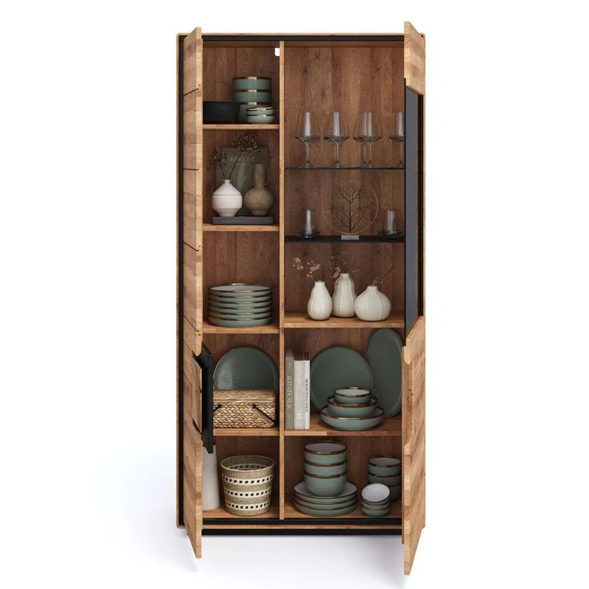 Lomadox WOODBRIDGE-69 Vitrine, Eiche massiv geölt, 100 cm breit, Softclose-Türen 2