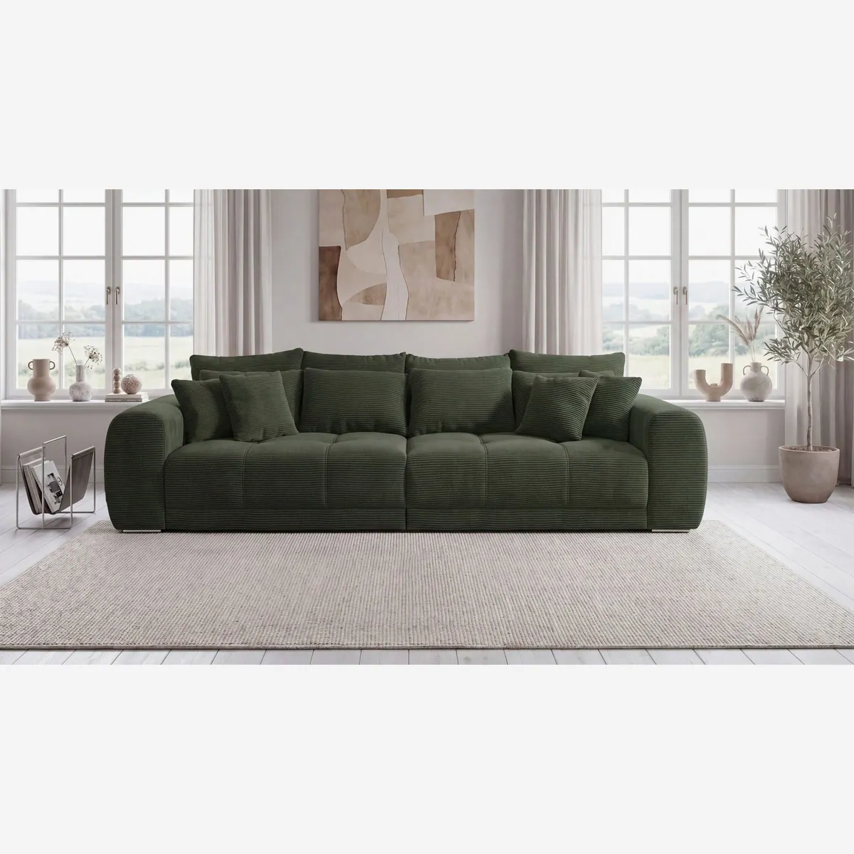 luma-home Big Sofa, XXL-Couch mit Federkernpolsterung, viele Kissen, Cordstoff Grün 2
