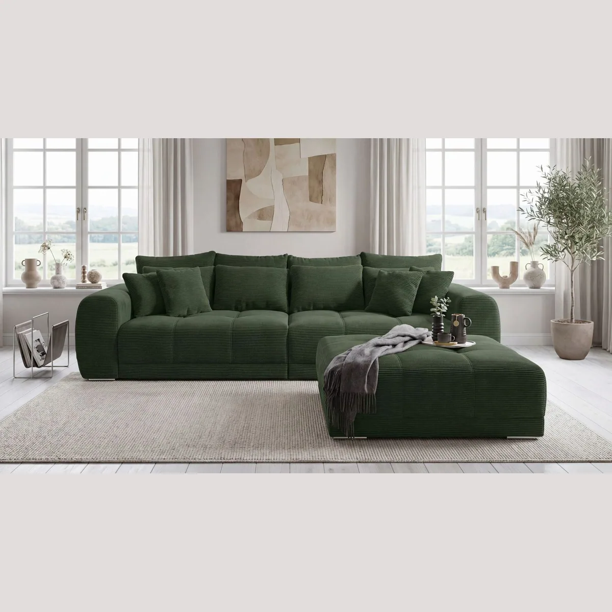 luma-home Big Sofa, XXL-Couch mit Federkernpolsterung, viele Kissen, Cordstoff Grün 3