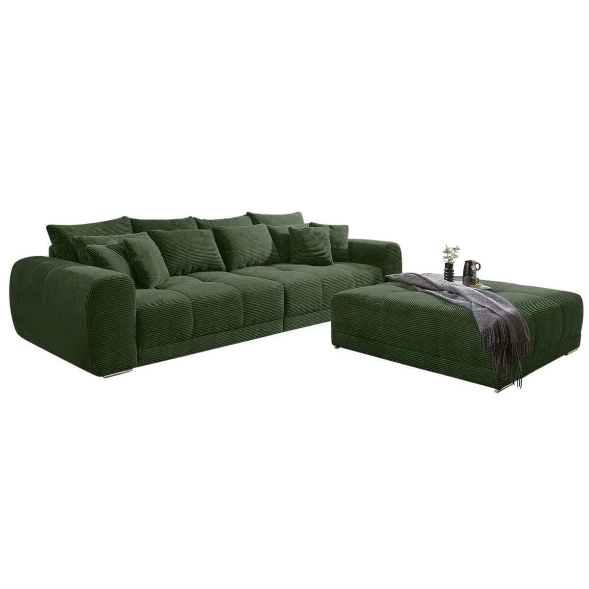 luma-home Big Sofa, XXL-Couch mit Federkernpolsterung, viele Kissen, Cordstoff Grün 5