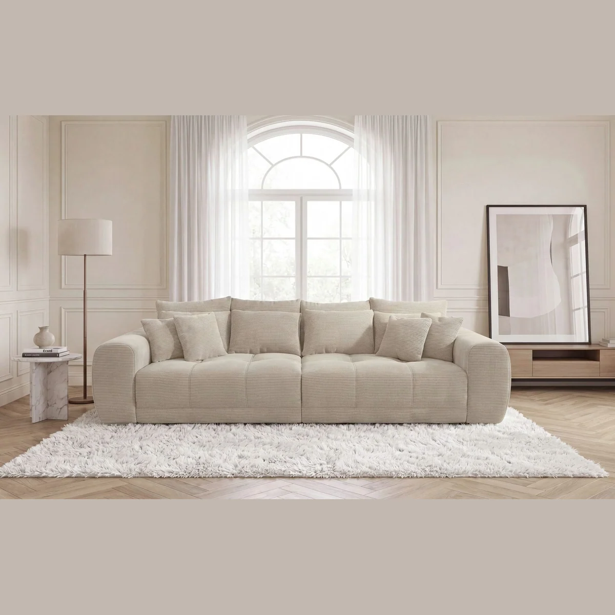 luma-home Big-Sofa, XXL-Couch mit Federkernpolsterung, eleganter Cordstoff in Beige Grau 2