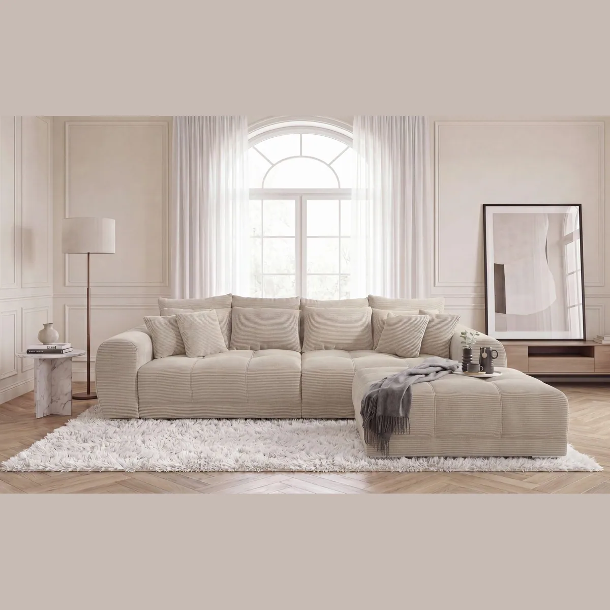 luma-home Big-Sofa, XXL-Couch mit Federkernpolsterung, eleganter Cordstoff in Beige Grau 3