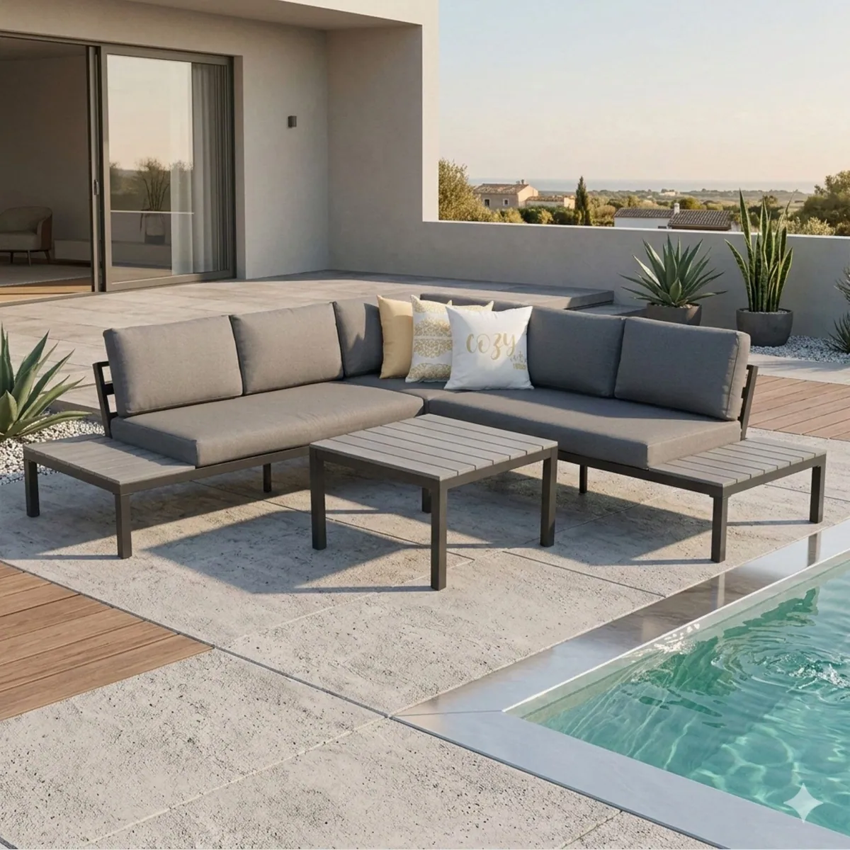 MANDALIKA Garden Loungeset Miro, wetterfestes Aluminium, komfortable Kissen, elegante Holzoptik